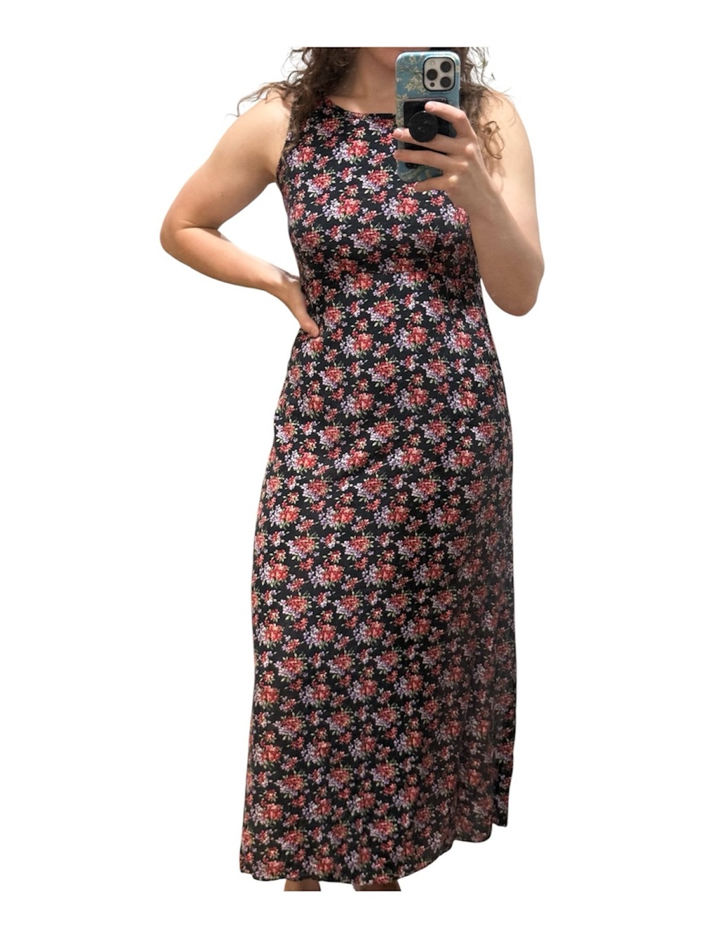 Vintage California Concepts Floral Maxi Dress Black Cottagecore Tie Back Size L
